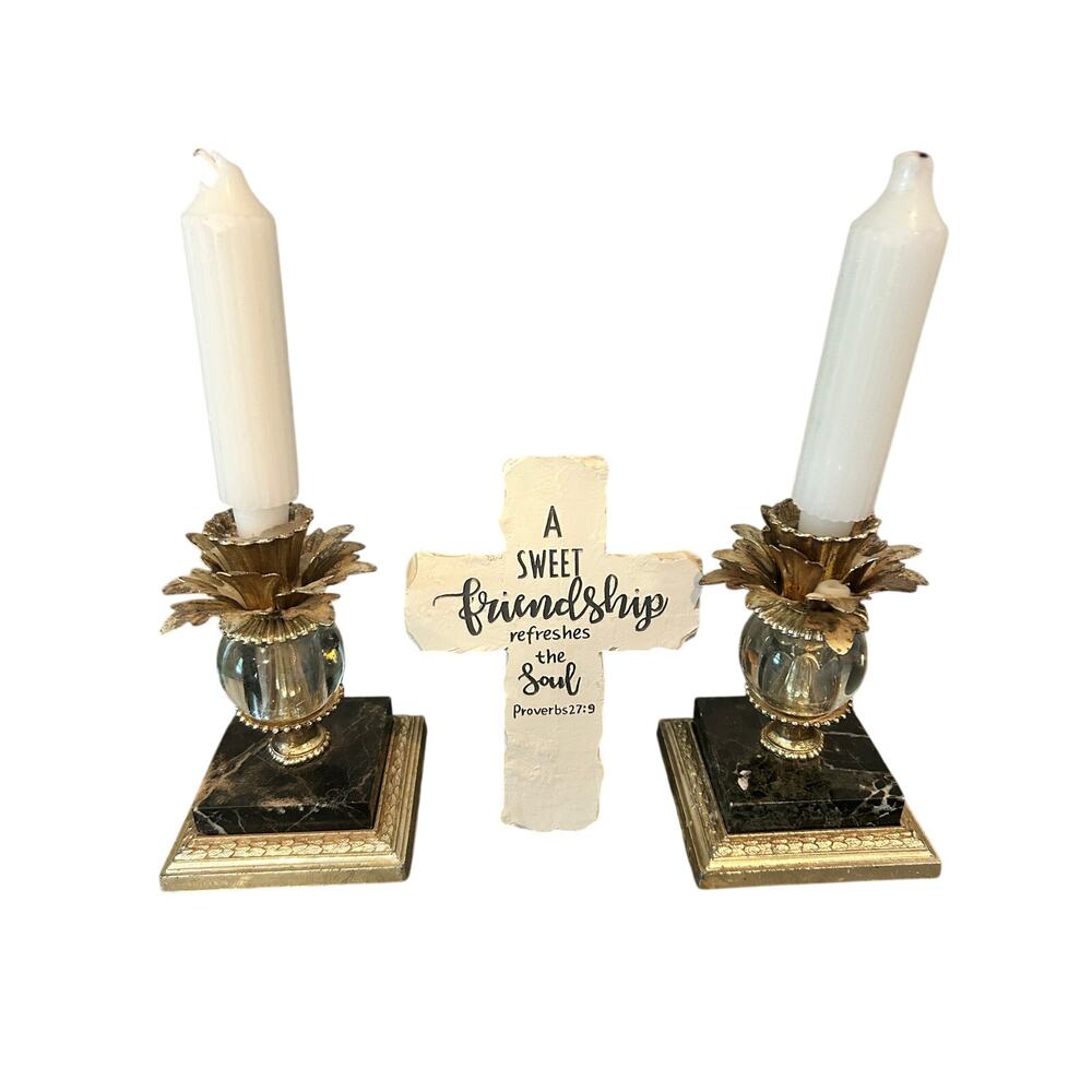 Vintage Dilly MFG Co Hollywood Regency Brass Glass & Black Marble Candleholders